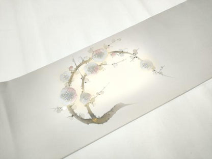 平和屋着物●塩瀬 九寸名古屋帯 手描き 刺繍 枝梅文 金彩 正絹 逸品 CAAY2793hy