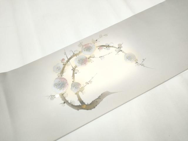 平和屋着物●塩瀬 九寸名古屋帯 手描き 刺繍 枝梅文 金彩 正絹 逸品 CAAY2793hy