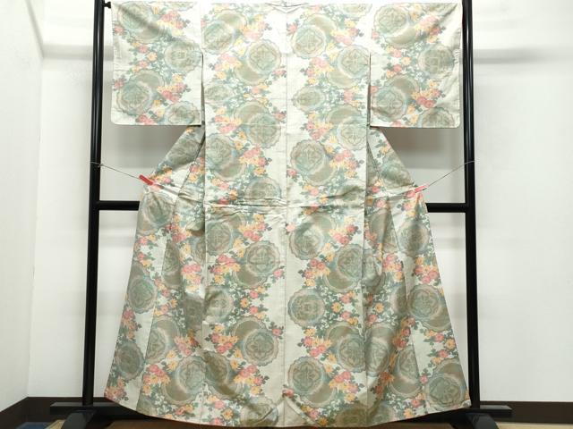 平和屋着物●本場大島紬 白大島 7マルキ 絵皿草花文 正絹 逸品 CAAY2827vf