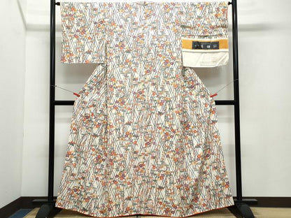 平和屋着物●上質な小紋　型染め　笹梅鳥文　反端付き　正絹　逸品　CAAY2846vf