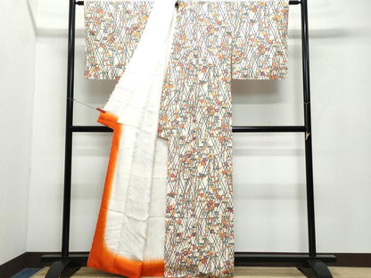 平和屋着物●上質な小紋　型染め　笹梅鳥文　反端付き　正絹　逸品　CAAY2846vf