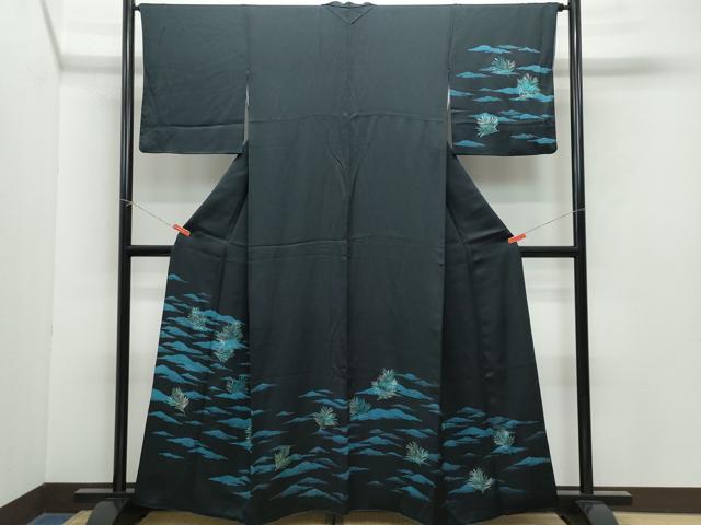 平和屋着物●訪問着 松葉 黒地 銀彩 正絹 逸品 CAAY2865vf