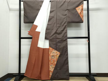平和屋着物●訪問着 紬地 型染め 孔雀草花文 正絹 逸品 CAAY2877vf