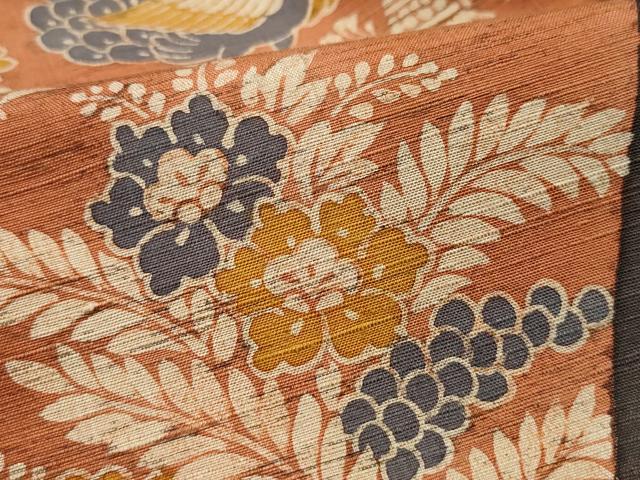 平和屋着物●訪問着 紬地 型染め 孔雀草花文 正絹 逸品 CAAY2877vf