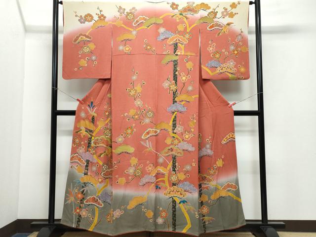 平和屋着物●訪問着 型染め 飛鶴枝松花文 金彩 鬼しぼ縮緬 正絹 逸品 CAAY2878vf