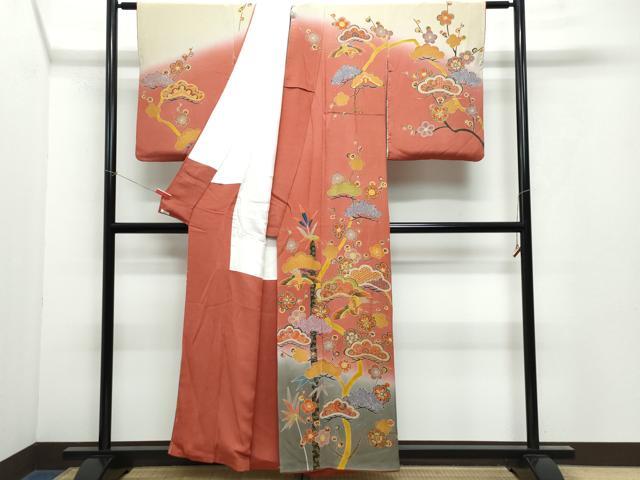 平和屋着物●訪問着 型染め 飛鶴枝松花文 金彩 鬼しぼ縮緬 正絹 逸品 CAAY2878vf