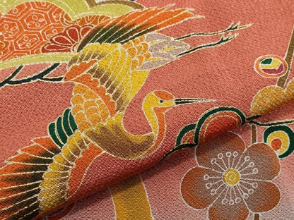 平和屋着物●訪問着 型染め 飛鶴枝松花文 金彩 鬼しぼ縮緬 正絹 逸品 CAAY2878vf