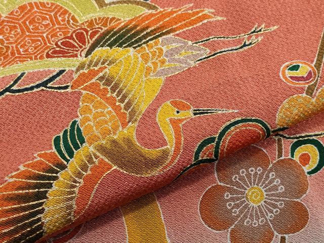 平和屋着物●訪問着 型染め 飛鶴枝松花文 金彩 鬼しぼ縮緬 正絹 逸品 CAAY2878vf