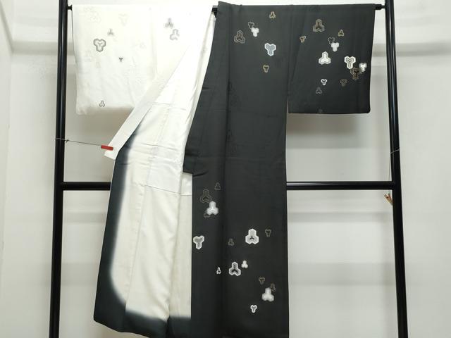 平和屋着物●男性　小紋　地紋起こし　片身替わり　毘沙門亀甲　白色×黒色　金彩　正絹　逸品　CAAY2896vf