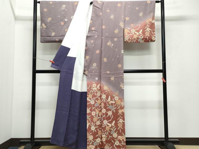 平和屋着物●訪問着　舞蝶草花文　金彩　正絹　逸品　CAAY2947vf