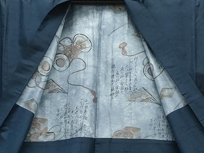 平和屋着物●男性　紬　アンサンブル　藍鉄色　正絹　逸品　CAAY3015vf