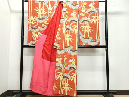 平和屋着物●アンティーク　大正ロマン　振袖　松竹梅　金彩　正絹　逸品　CAAY3017vf