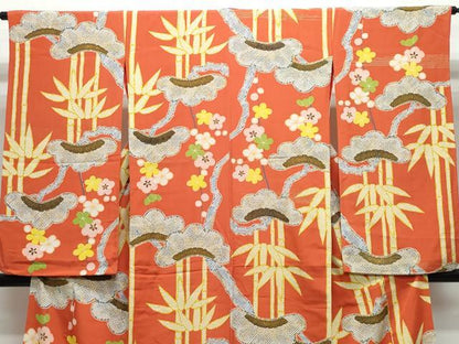 平和屋着物●アンティーク　大正ロマン　振袖　松竹梅　金彩　正絹　逸品　CAAY3017vf