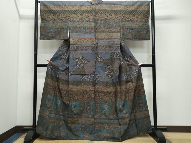 平和屋着物●訪問着 小千谷紬 更紗花唐草文 正絹 逸品 CAAY3024vf