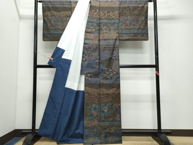 平和屋着物●訪問着 小千谷紬 更紗花唐草文 正絹 逸品 CAAY3024vf