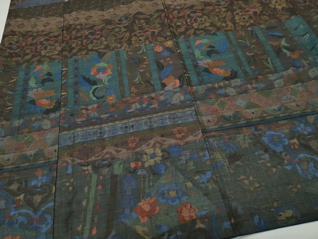 平和屋着物●訪問着 小千谷紬 更紗花唐草文 正絹 逸品 CAAY3024vf
