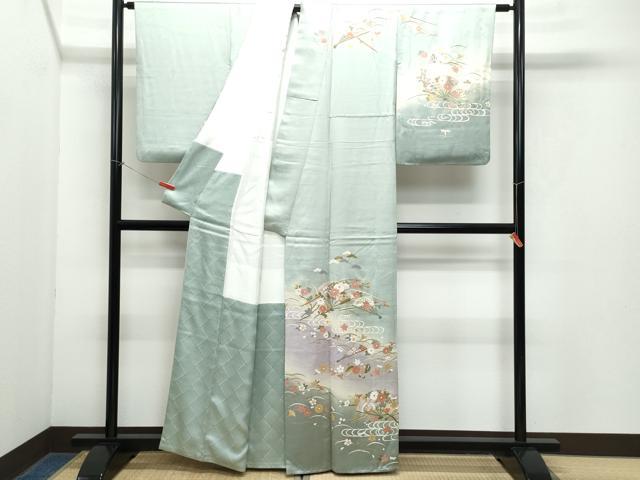 平和屋着物●訪問着　扇面糸巻き飛鶴草花文　暈し染め　金彩　正絹　逸品　CAAY3053vf