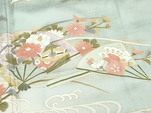 平和屋着物●訪問着　扇面糸巻き飛鶴草花文　暈し染め　金彩　正絹　逸品　CAAY3053vf