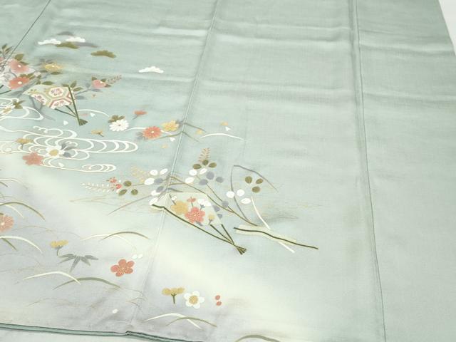 平和屋着物●訪問着　扇面糸巻き飛鶴草花文　暈し染め　金彩　正絹　逸品　CAAY3053vf