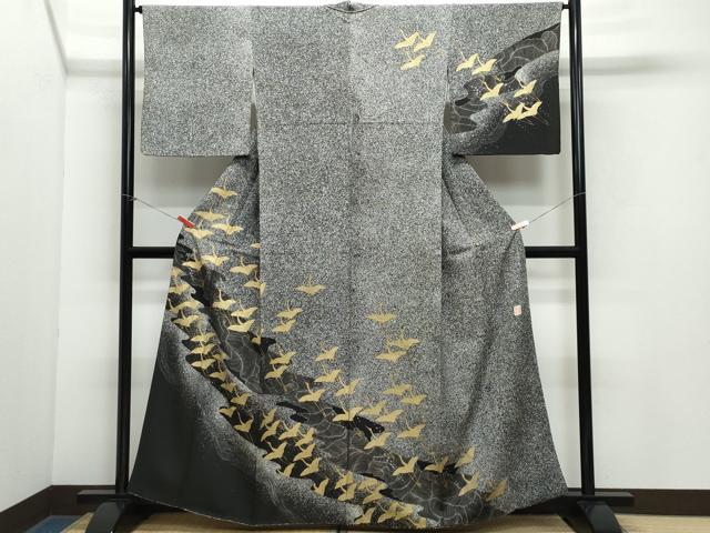 平和屋着物●西陣 じゅらく謹製 訪問着 流水飛鶴文 たたき染め 黒地 金彩 正絹 逸品 CAAY3059vf