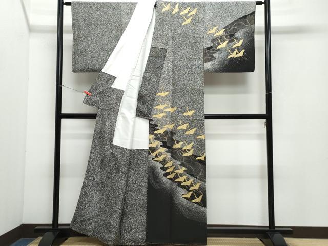 平和屋着物●西陣 じゅらく謹製 訪問着 流水飛鶴文 たたき染め 黒地 金彩 正絹 逸品 CAAY3059vf