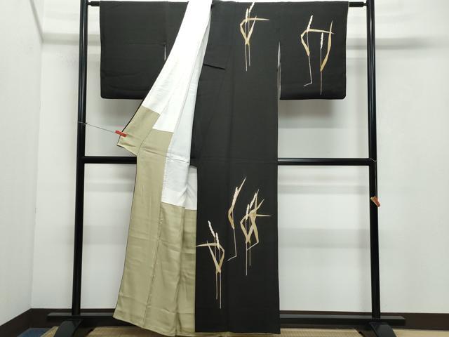 平和屋着物●訪問着　稲　黒地　鬼しぼ縮緬　正絹　逸品　CAAY3067vf