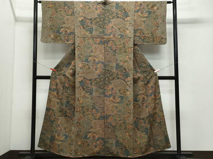 平和屋着物●上質な小紋 飛鶴更紗草花文 金彩 鬼しぼ縮緬 正絹 逸品 未使用 CAAY3070vf