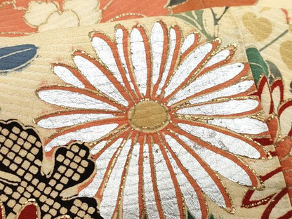 平和屋着物●セミアンティーク　振袖　草花文　金銀彩　正絹　逸品　CAAY3075vf