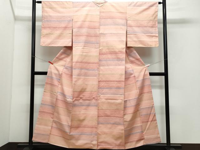 平和屋着物●紅花紬 米沢 横縞 正絹 逸品 未使用 CAAY3090vf