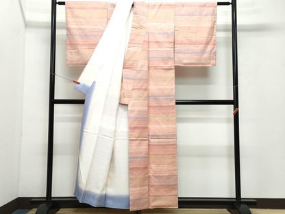 平和屋着物●紅花紬 米沢 横縞 正絹 逸品 未使用 CAAY3090vf