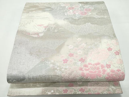 平和屋着物◎六通柄袋帯 花鳥文 銀糸 正絹 逸品 CAAY3155vf