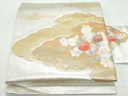 平和屋着物◎九寸名古屋帯 駒刺繍 雲重ね花文 金銀彩 正絹 逸品 CAAY3175vf