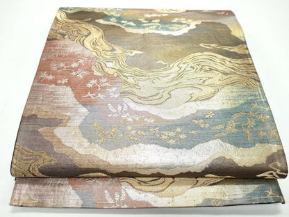 平和屋着物◎六通柄袋帯　流水飛鳥草花文　金銀糸　正絹　逸品　CAAY3185vf