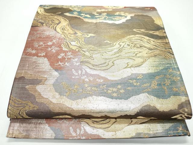 平和屋着物◎六通柄袋帯　流水飛鳥草花文　金銀糸　正絹　逸品　CAAY3185vf