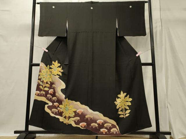 平和屋着物■豪華黒留袖　駒刺繍　桧扇花文　金彩　正絹　逸品　CAAY3379oy