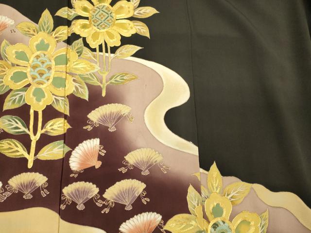 平和屋着物■豪華黒留袖　駒刺繍　桧扇花文　金彩　正絹　逸品　CAAY3379oy