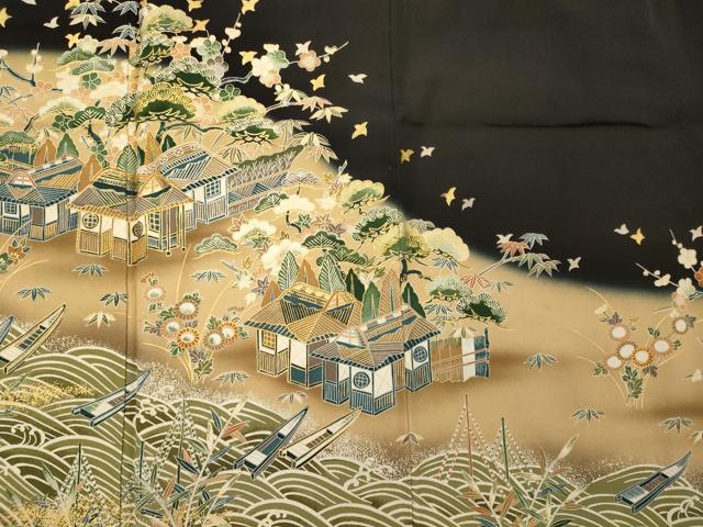 平和屋着物■豪華黒留袖　風景花鳥文　金彩　正絹　逸品　CAAY3498oy