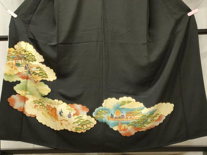 平和屋着物■豪華黒留袖　駒刺繍　風景人物花松文　金彩　正絹　逸品　CAAY3574oy