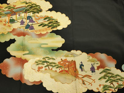 平和屋着物■豪華黒留袖　駒刺繍　風景人物花松文　金彩　正絹　逸品　CAAY3574oy
