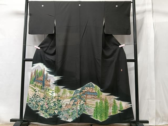 平和屋着物■豪華黒留袖　作家物　手描き　風景花文　正絹　逸品　CAAY3698xi