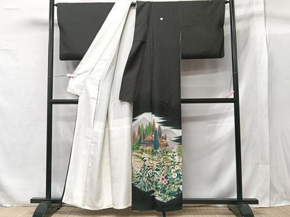 平和屋着物■豪華黒留袖　作家物　手描き　風景花文　正絹　逸品　CAAY3698xi