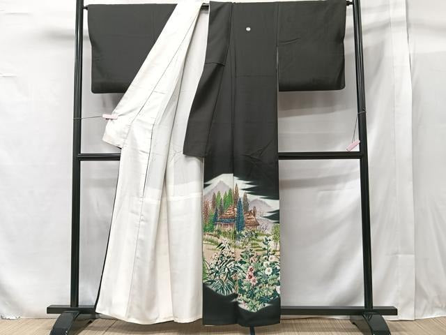 平和屋着物■豪華黒留袖　作家物　手描き　風景花文　正絹　逸品　CAAY3698xi
