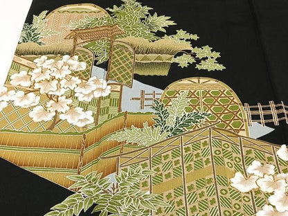 平和屋着物■豪華黒留袖　駒刺繍　風景文　金彩　正絹　逸品　CAAY3761xi