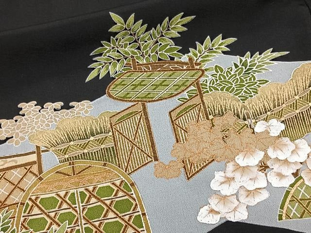 平和屋着物■豪華黒留袖　駒刺繍　風景文　金彩　正絹　逸品　CAAY3761xi