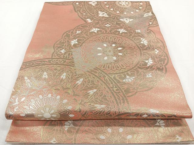 平和屋着物◎羽鳥織物　六通柄袋帯　こはく錦　花絵皿文　二重箔織　正絹　逸品　CAAY3905xi