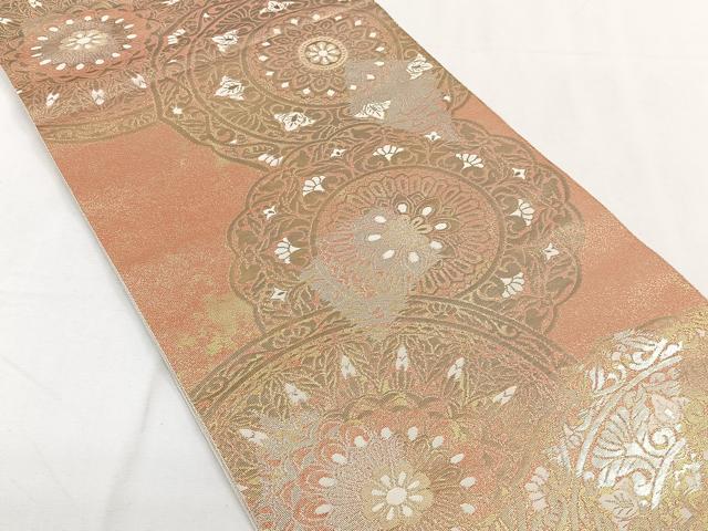 平和屋着物◎羽鳥織物　六通柄袋帯　こはく錦　花絵皿文　二重箔織　正絹　逸品　CAAY3905xi