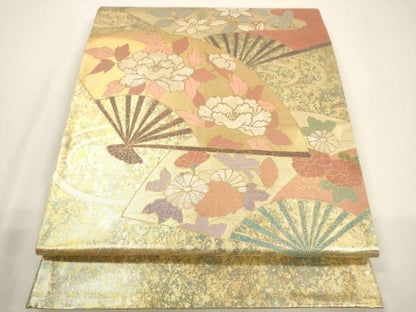 平和屋着物▼太鼓柄袋帯　螺鈿箔　扇面花文　金糸　引箔　正絹　逸品　CAAY4020ak