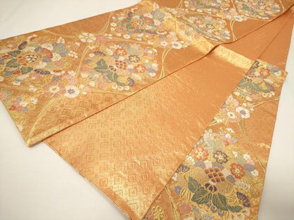 平和屋着物▼佐賀錦　六通柄袋帯　唐織　更紗立涌花文　金糸　正絹　逸品　CAAY4123ak