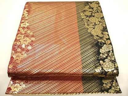 平和屋着物▼両面　六通柄袋帯　斜線文　斜線花間道　金糸　正絹　逸品　CAAY4364ak