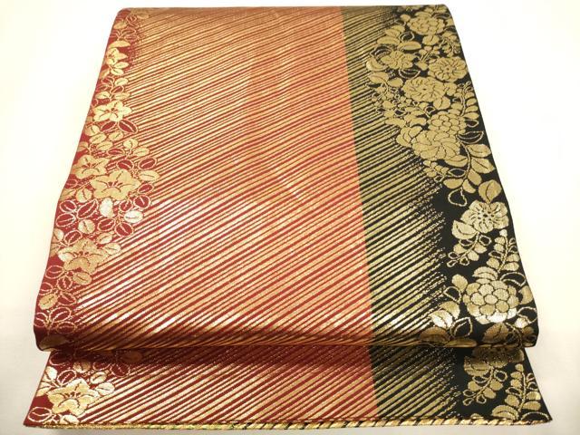 平和屋着物▼両面　六通柄袋帯　斜線文　斜線花間道　金糸　正絹　逸品　CAAY4364ak